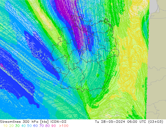 风 300 hPa ICON-D2 星期二 28.05.2024 06 UTC