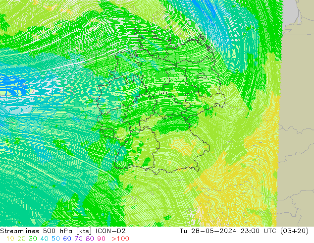 Línea de corriente 500 hPa ICON-D2 mar 28.05.2024 23 UTC