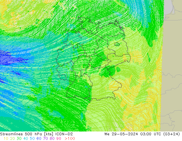 Linea di flusso 500 hPa ICON-D2 mer 29.05.2024 03 UTC