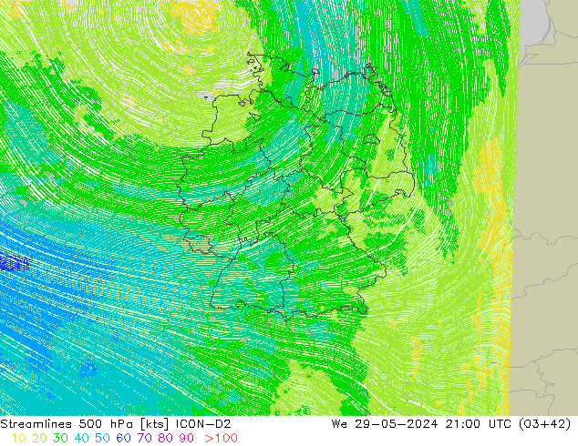 Streamlines 500 hPa ICON-D2 St 29.05.2024 21 UTC