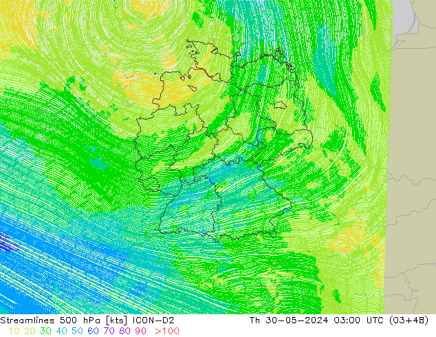 Linea di flusso 500 hPa ICON-D2 gio 30.05.2024 03 UTC