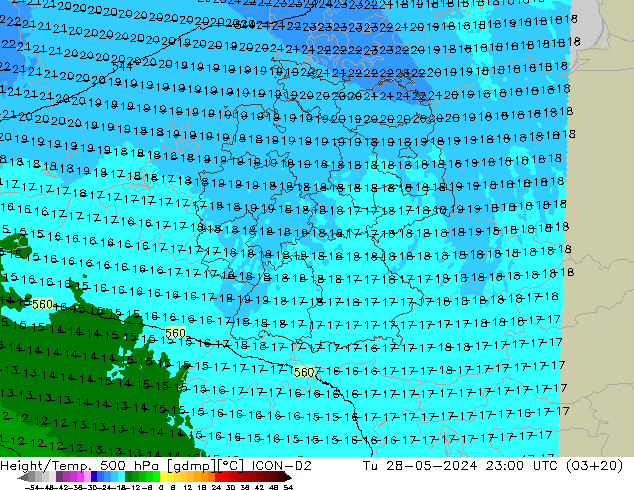 Height/Temp. 500 hPa ICON-D2 Út 28.05.2024 23 UTC