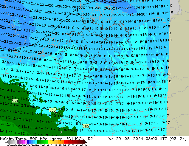 Height/Temp. 500 hPa ICON-D2 We 29.05.2024 03 UTC