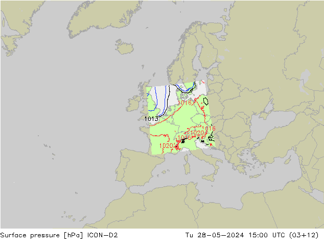 Surface pressure ICON-D2 Tu 28.05.2024 15 UTC