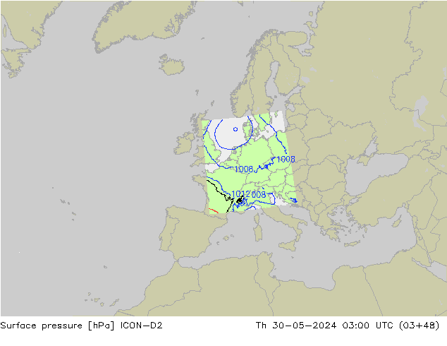 Presión superficial ICON-D2 jue 30.05.2024 03 UTC