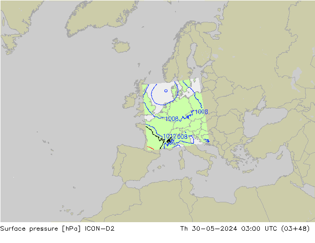 Atmosférický tlak ICON-D2 Čt 30.05.2024 03 UTC