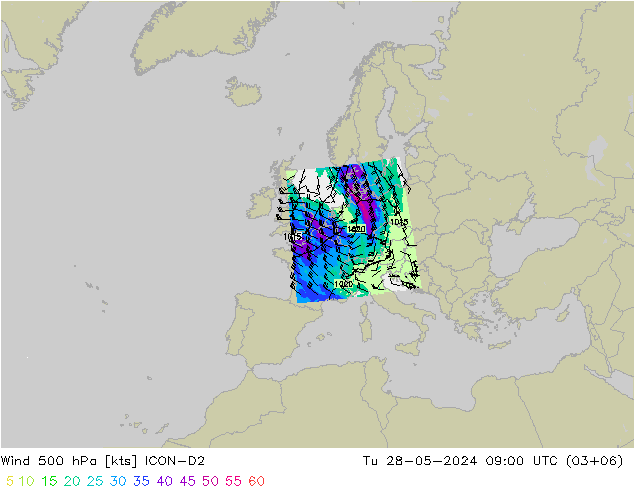 Vento 500 hPa ICON-D2 mar 28.05.2024 09 UTC