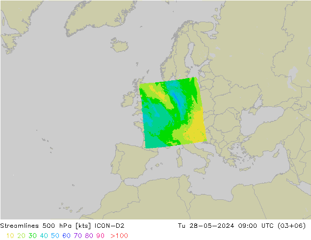 Ligne de courant 500 hPa ICON-D2 mar 28.05.2024 09 UTC