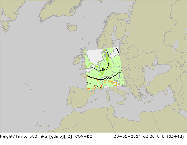 Height/Temp. 500 hPa ICON-D2 Th 30.05.2024 03 UTC