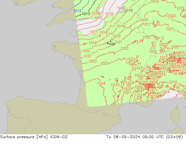 Surface pressure ICON-D2 Tu 28.05.2024 09 UTC