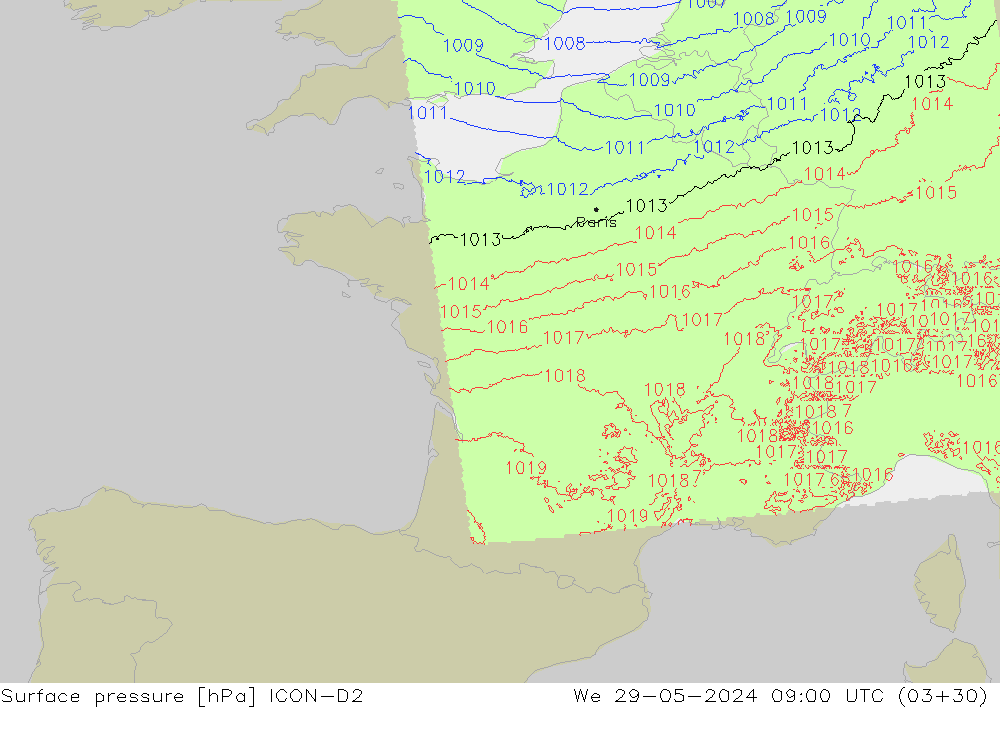 pression de l'air ICON-D2 mer 29.05.2024 09 UTC