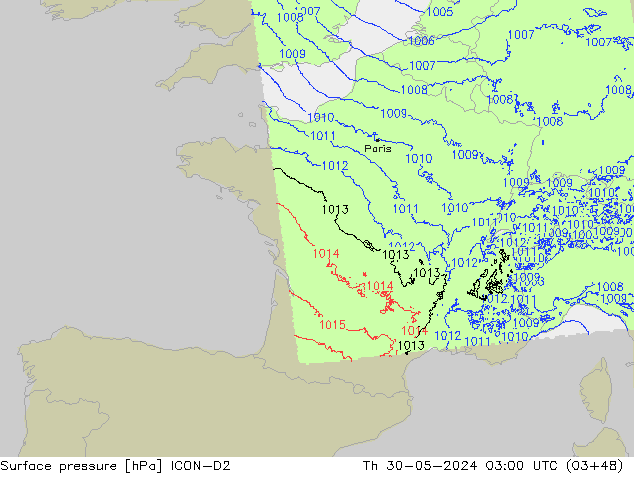 Surface pressure ICON-D2 Th 30.05.2024 03 UTC