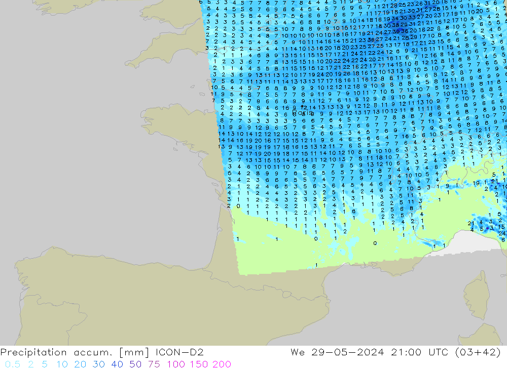 Precipitation accum. ICON-D2 We 29.05.2024 21 UTC