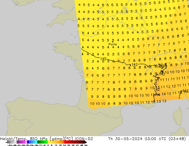 Geop./Temp. 850 hPa ICON-D2 jue 30.05.2024 03 UTC