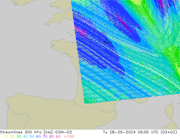 Streamlines 300 hPa ICON-D2 Tu 28.05.2024 05 UTC