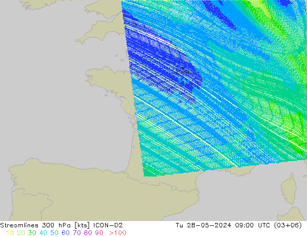 Rüzgar 300 hPa ICON-D2 Sa 28.05.2024 09 UTC