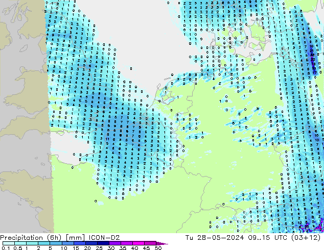 Precipitation (6h) ICON-D2 Út 28.05.2024 15 UTC