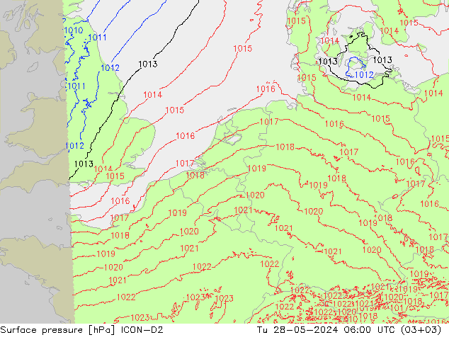 Atmosférický tlak ICON-D2 Út 28.05.2024 06 UTC