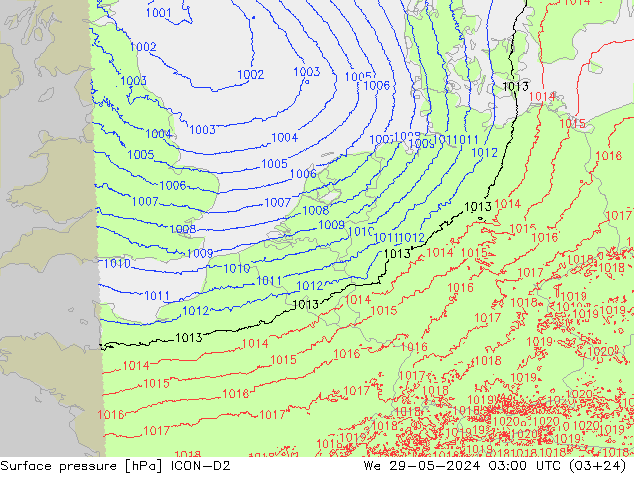 Surface pressure ICON-D2 We 29.05.2024 03 UTC