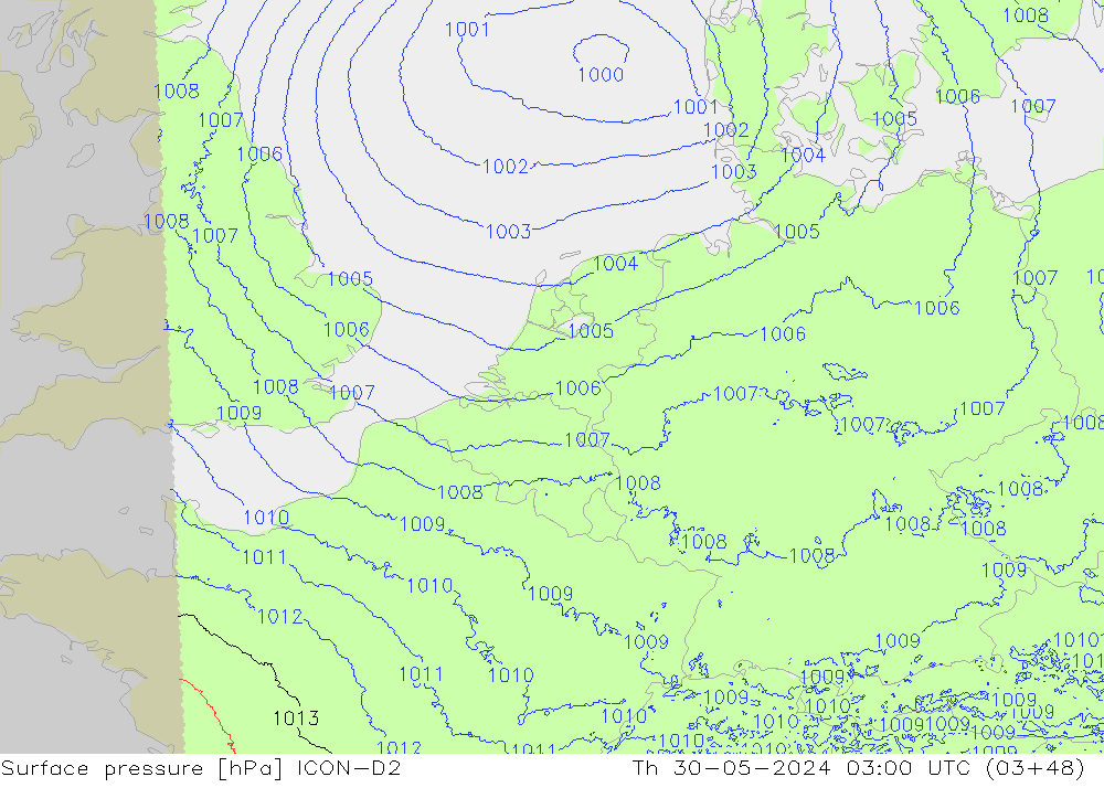 Pressione al suolo ICON-D2 gio 30.05.2024 03 UTC