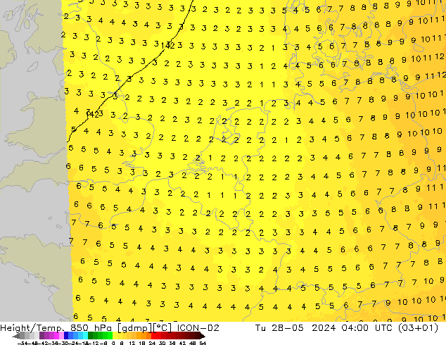 Height/Temp. 850 hPa ICON-D2  28.05.2024 04 UTC