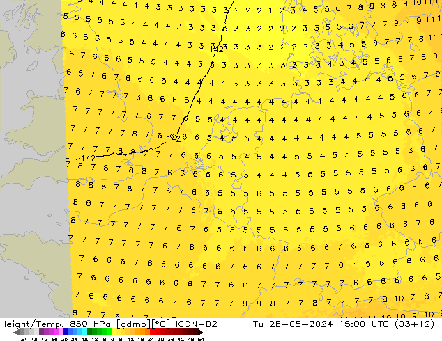 Geop./Temp. 850 hPa ICON-D2 mar 28.05.2024 15 UTC