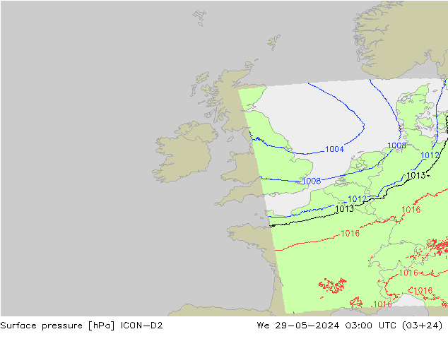 Presión superficial ICON-D2 mié 29.05.2024 03 UTC