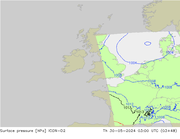 Atmosférický tlak ICON-D2 Čt 30.05.2024 03 UTC