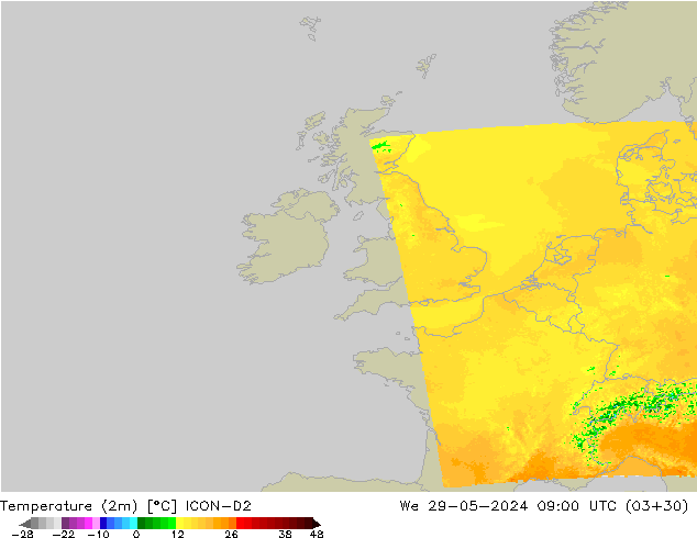 mapa temperatury (2m) ICON-D2 śro. 29.05.2024 09 UTC