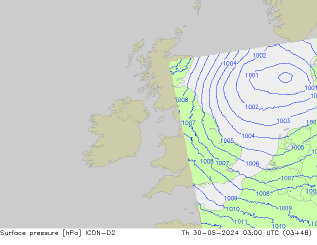 Atmosférický tlak ICON-D2 Čt 30.05.2024 03 UTC