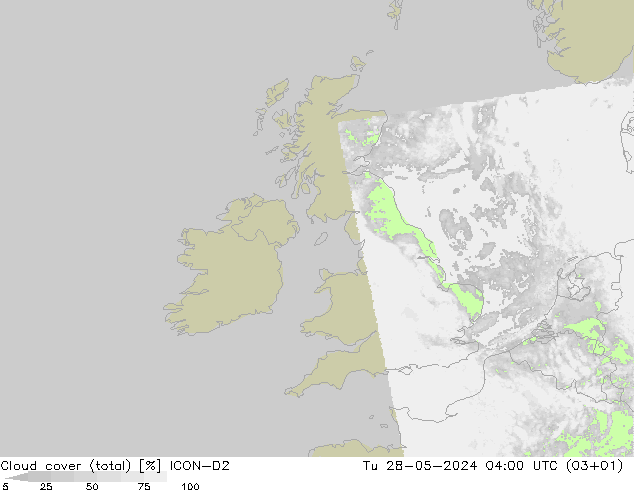 zachmurzenie (suma) ICON-D2 wto. 28.05.2024 04 UTC