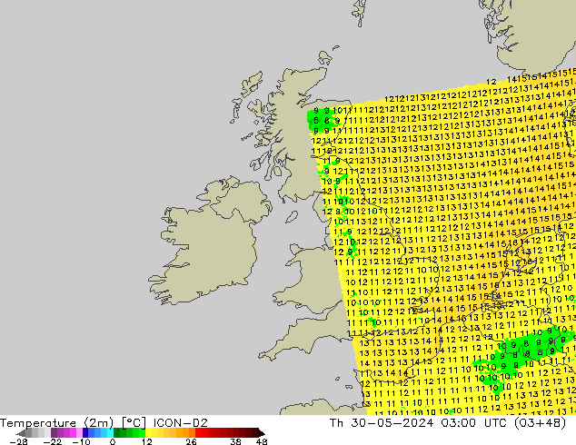 Temperature (2m) ICON-D2 Th 30.05.2024 03 UTC