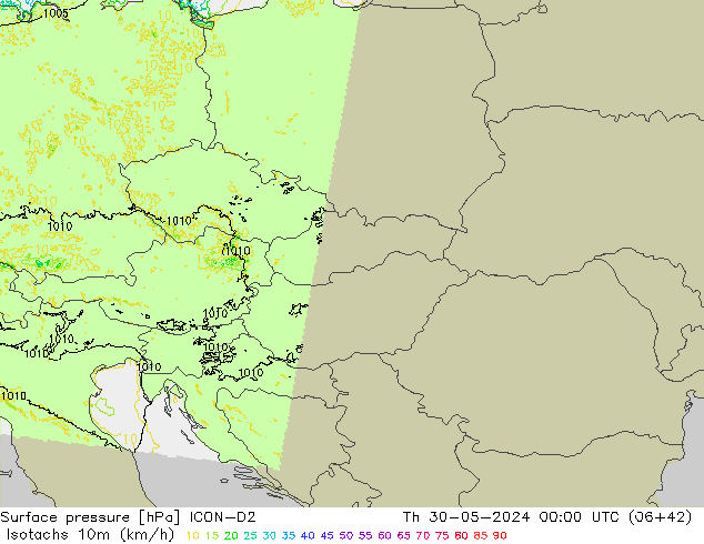 Isotachs (kph) ICON-D2 Th 30.05.2024 00 UTC