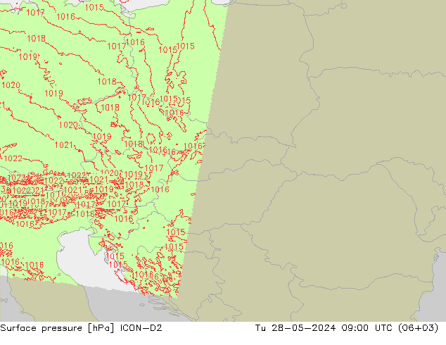 Presión superficial ICON-D2 mar 28.05.2024 09 UTC