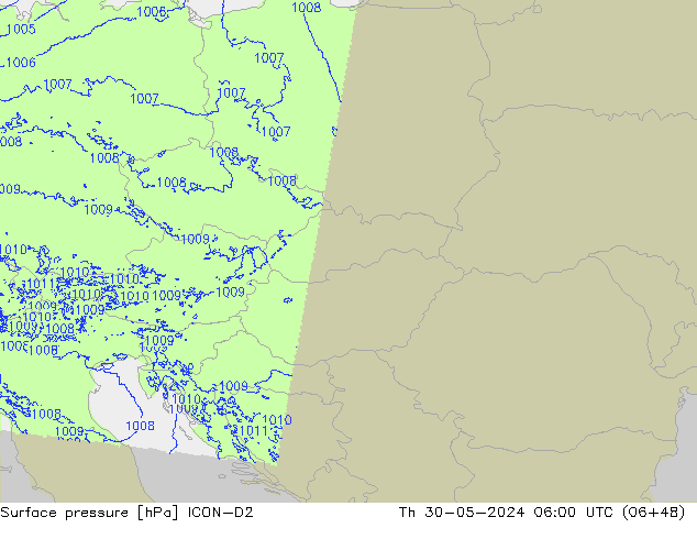 pressão do solo ICON-D2 Qui 30.05.2024 06 UTC