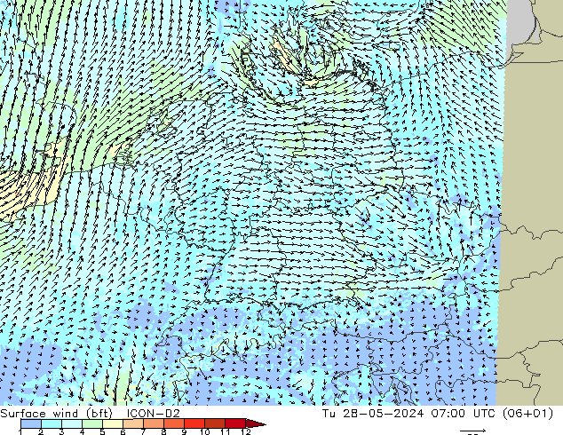 Vento 10 m (bft) ICON-D2 Ter 28.05.2024 07 UTC