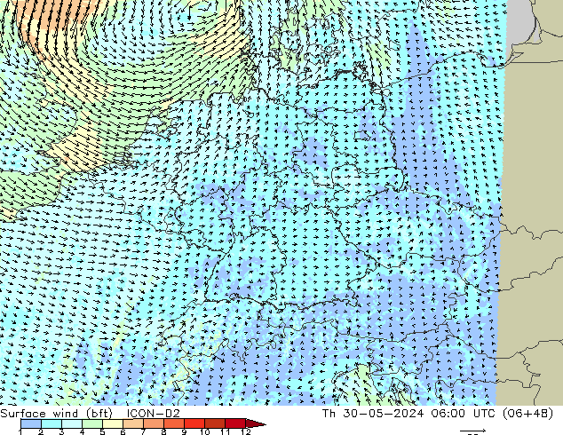 Surface wind (bft) ICON-D2 Th 30.05.2024 06 UTC