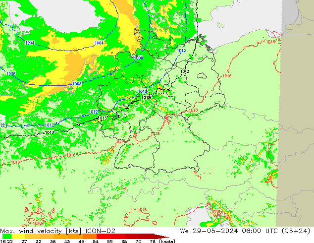 Max. wind snelheid ICON-D2 wo 29.05.2024 06 UTC