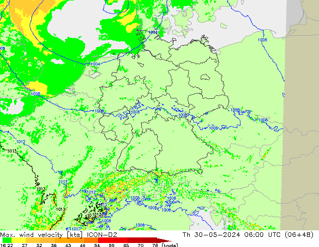 Max. wind velocity ICON-D2 Čt 30.05.2024 06 UTC