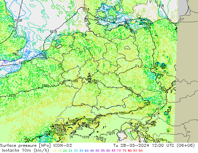 Isotachs (kph) ICON-D2 Tu 28.05.2024 12 UTC