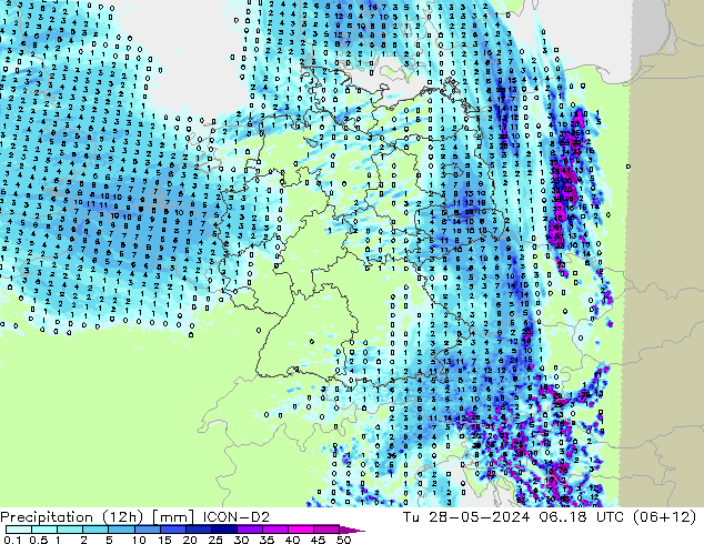 Yağış (12h) ICON-D2 Sa 28.05.2024 18 UTC