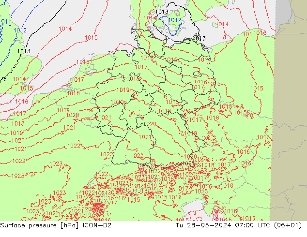 Presión superficial ICON-D2 mar 28.05.2024 07 UTC