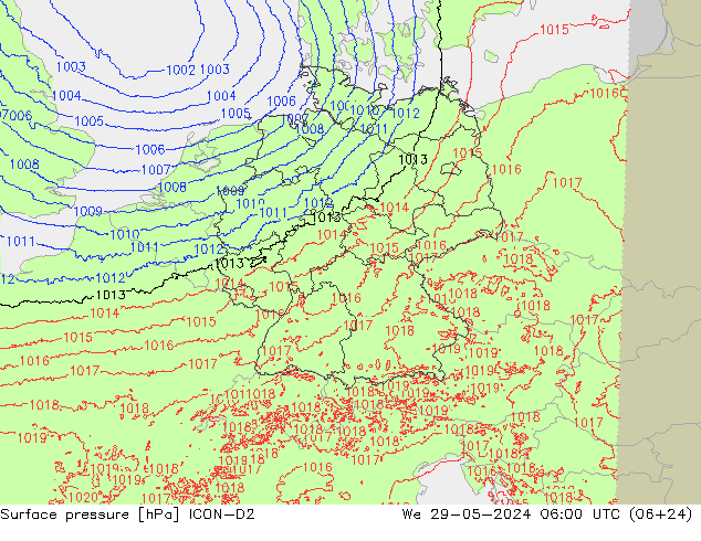 Surface pressure ICON-D2 We 29.05.2024 06 UTC