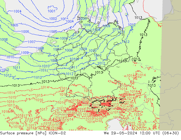 Surface pressure ICON-D2 We 29.05.2024 12 UTC