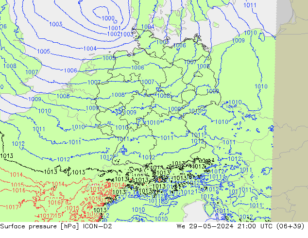 Surface pressure ICON-D2 We 29.05.2024 21 UTC