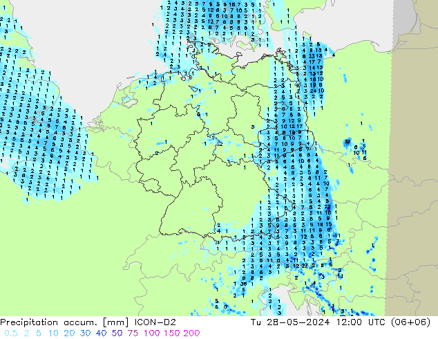 Precipitation accum. ICON-D2 Tu 28.05.2024 12 UTC