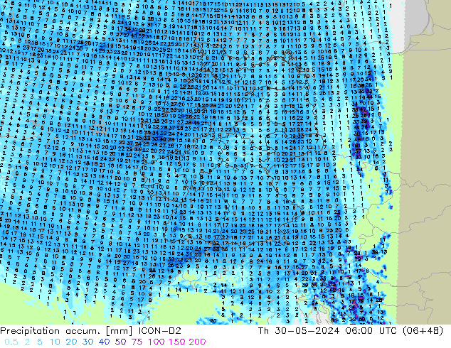 Precipitation accum. ICON-D2  30.05.2024 06 UTC