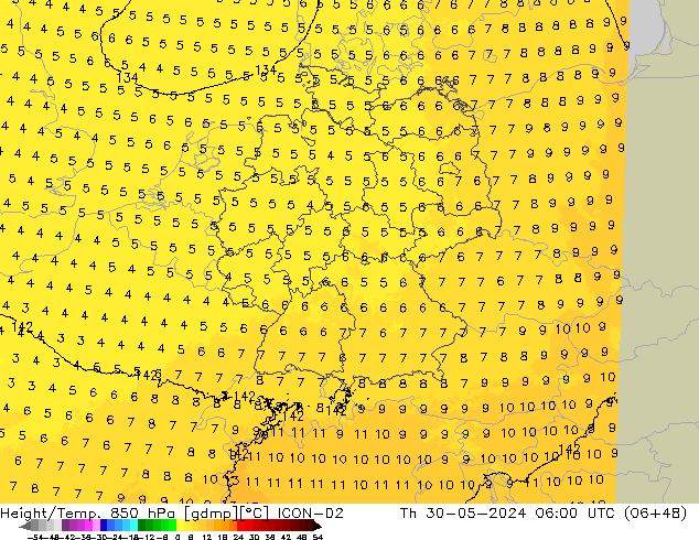 Height/Temp. 850 гПа ICON-D2 чт 30.05.2024 06 UTC