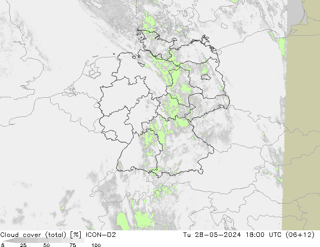 Cloud cover (total) ICON-D2 Tu 28.05.2024 18 UTC