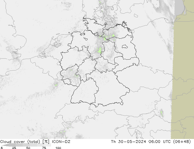 nuvens (total) ICON-D2 Qui 30.05.2024 06 UTC